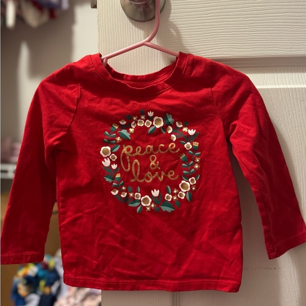 Cat & Jack Red Long Sleeve Tee with Peace & Love Design
